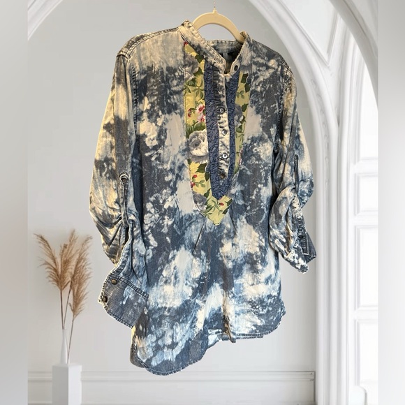 UPCYCLED HANDMADE Patchwork Quilted Cottagecore Denim Sunflower‎ Shirt Boho L - Picture 11 of 12